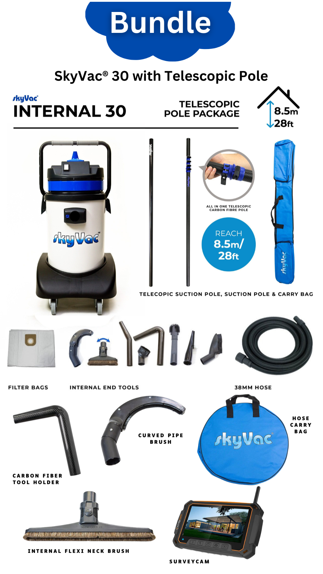 Image shows a vacuum system with poles, tools, and accessories.