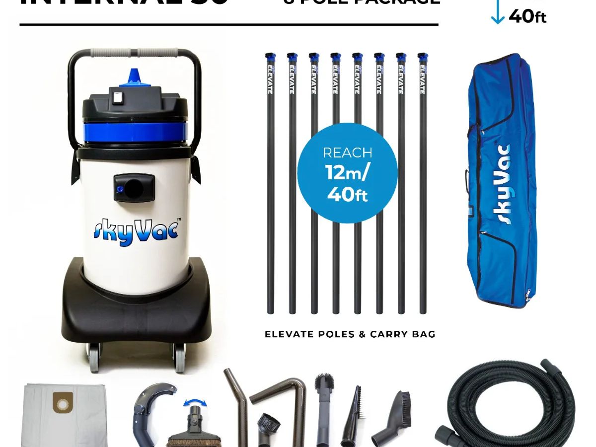 Vacuum equipment set with poles, tools, and carrying bag.