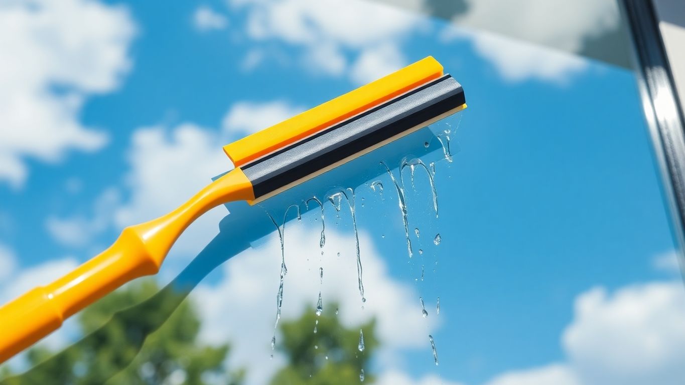 Squeegee cleaning skyscraper window, clear glass.