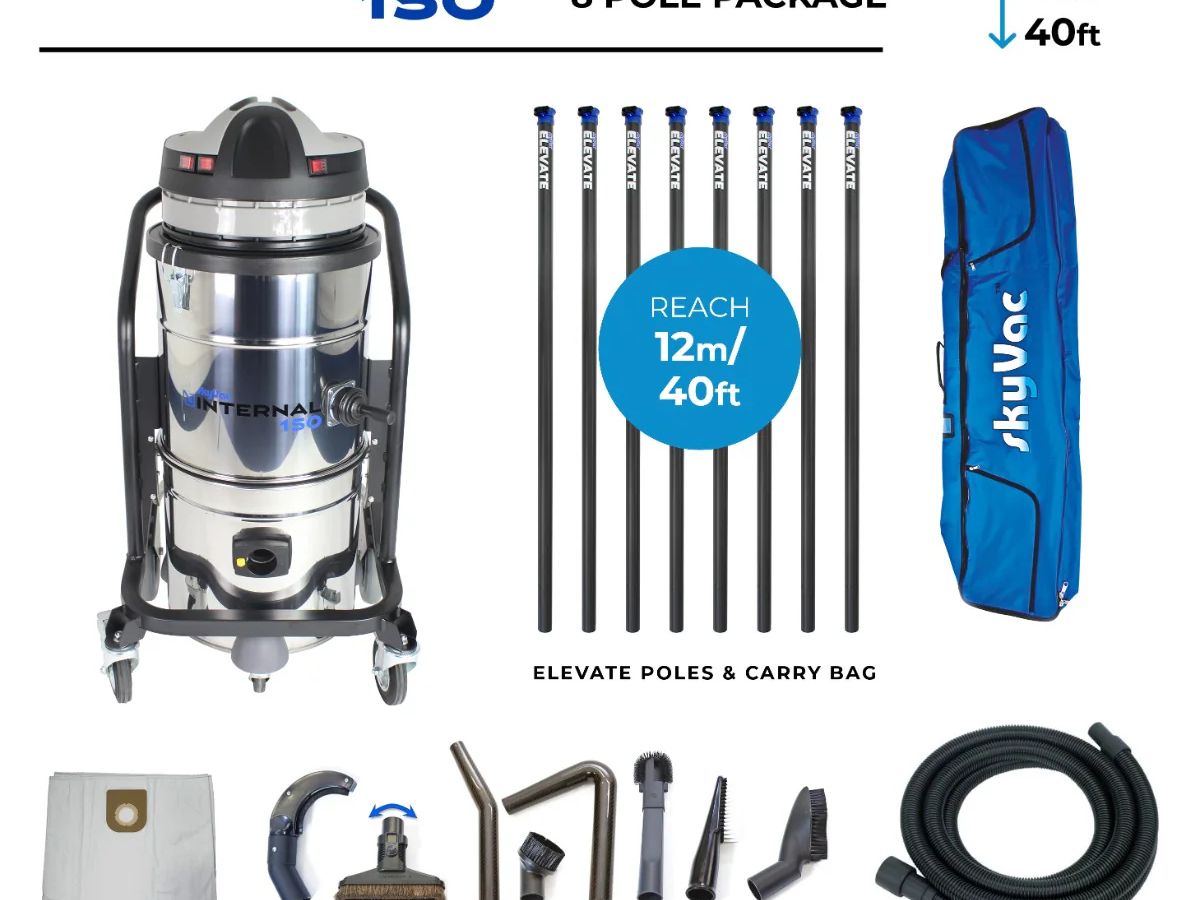 Image shows a vacuum system with poles, tools, and accessories.