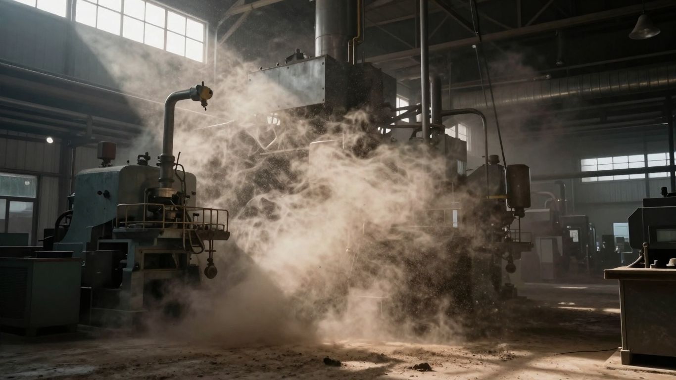 Industrial factory interior with heavy dust clouds.