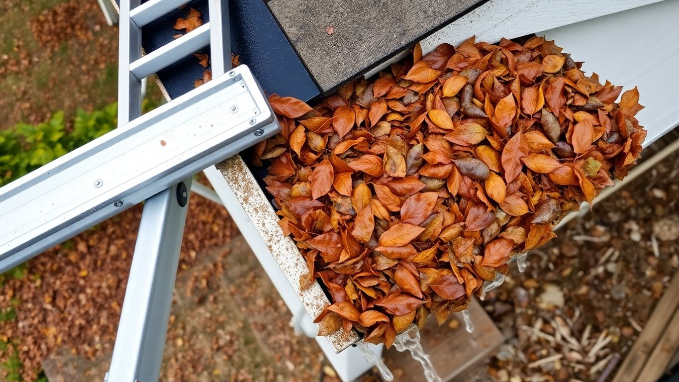 Ladder, overflowing gutter, debris, and downspout.