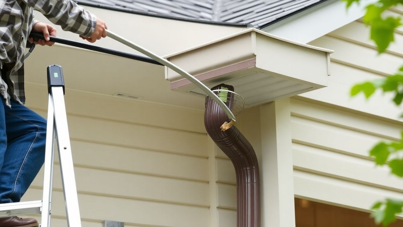 Person using long gutter cleaning tool on roof.