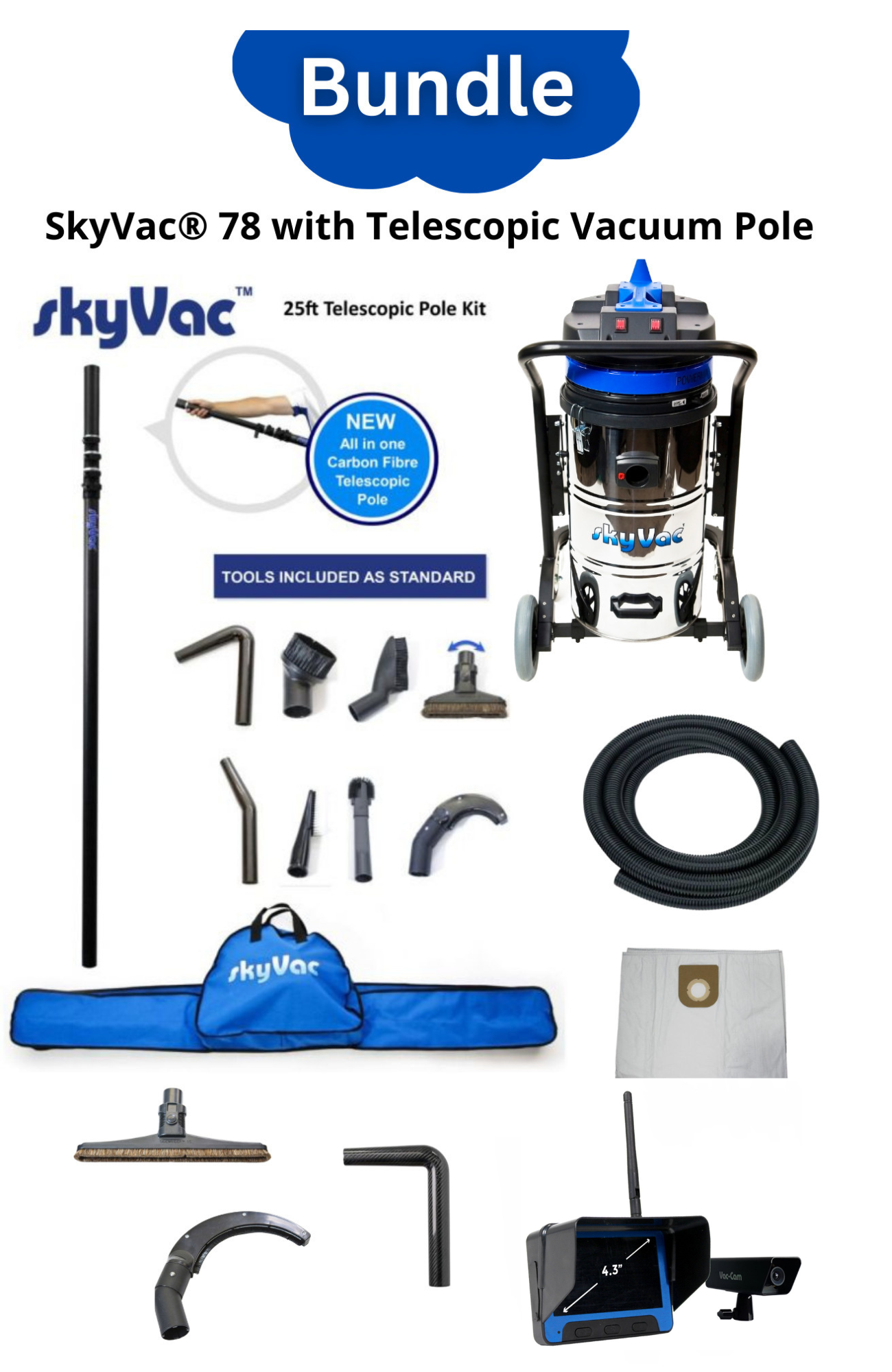 SkyVac®️ 78 High Dusting Vac Telescopic Most Popular Bundle with Real Time Camera