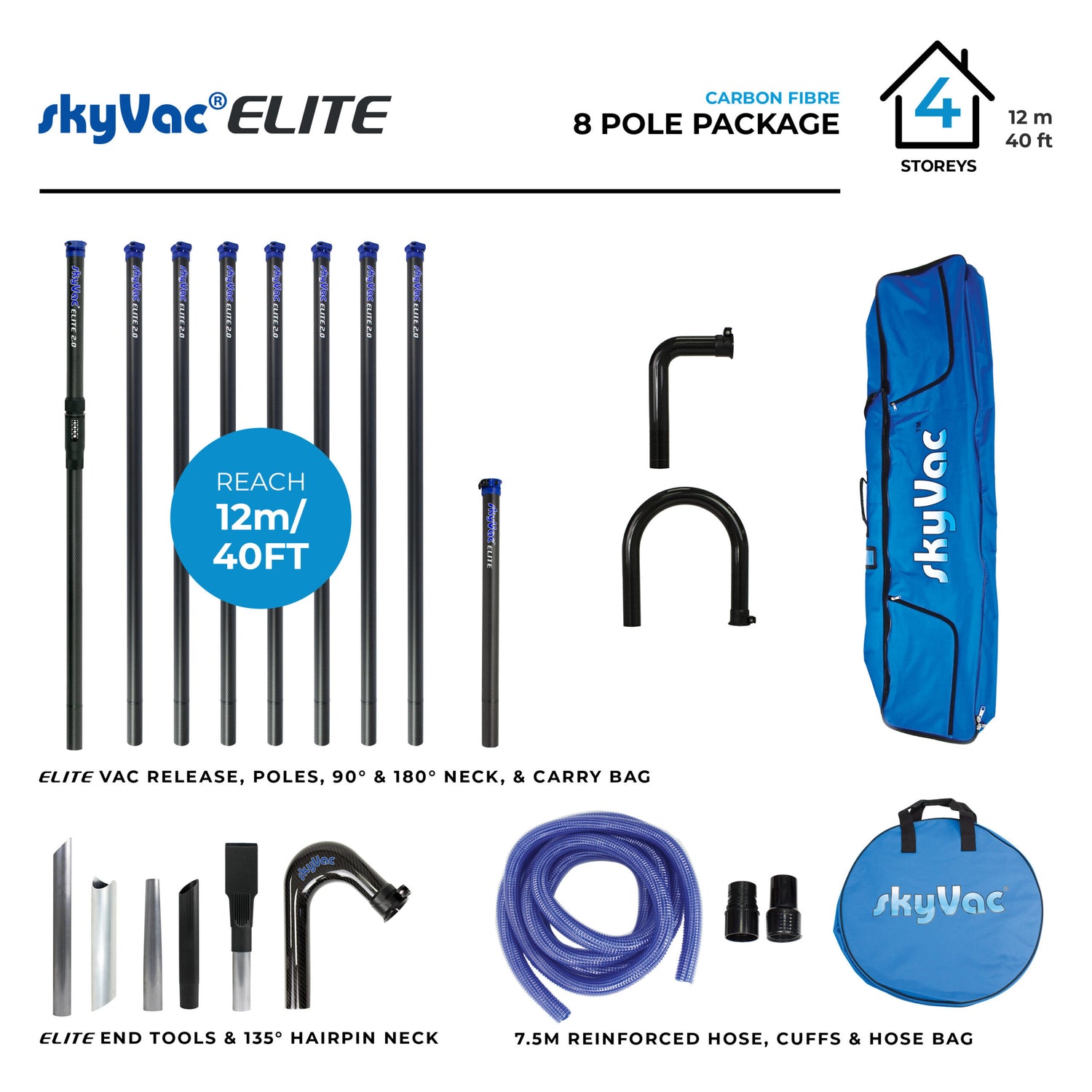 Bâtons en fibre de carbone SkyVac® Elite avec tuyau, col et outils d'extrémité (au choix)