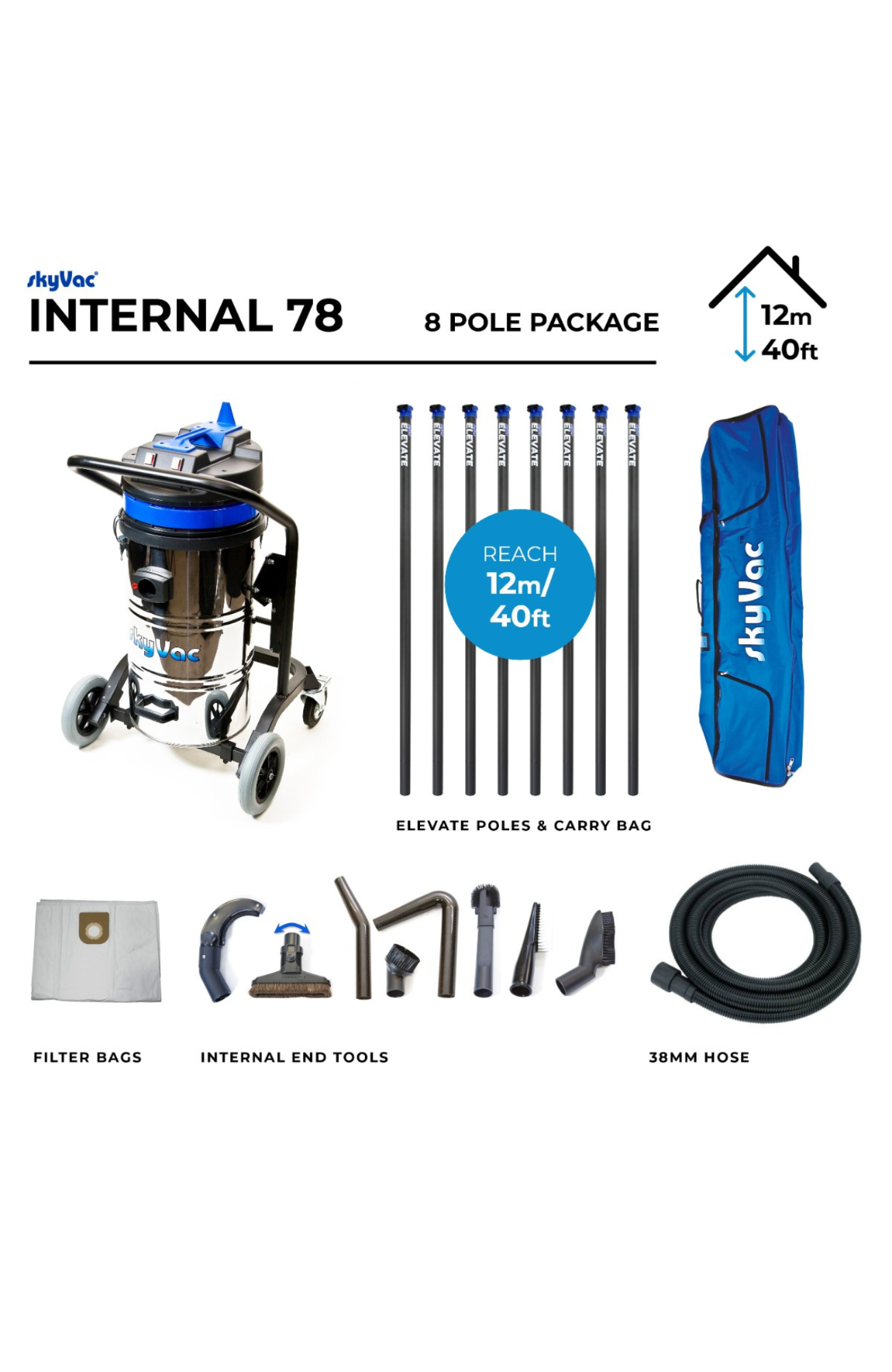 SkyVac®️ 78 Internal High Dusting Vacuum System with Elevate Pole Set