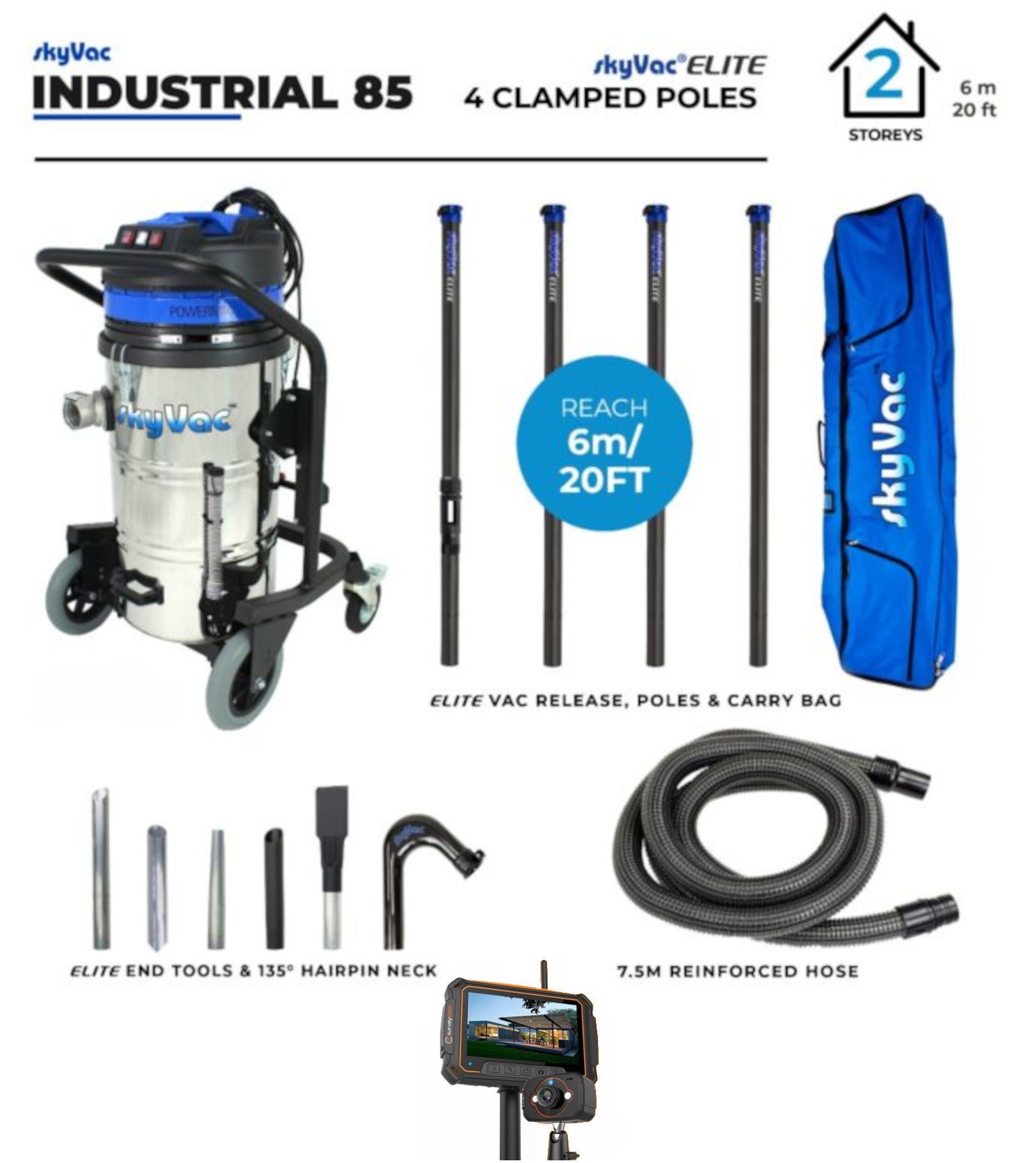 SkyVac 85 Elite Industrial Gutter Cleaning Vacuum System with4 Carbon Fiber Poles and Survey Cam