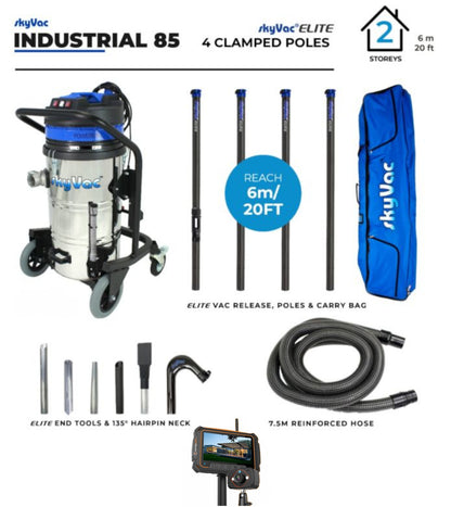 SkyVac 85 Elite Industrial Gutter Cleaning Vacuum System with4 Carbon Fiber Poles and Survey Cam