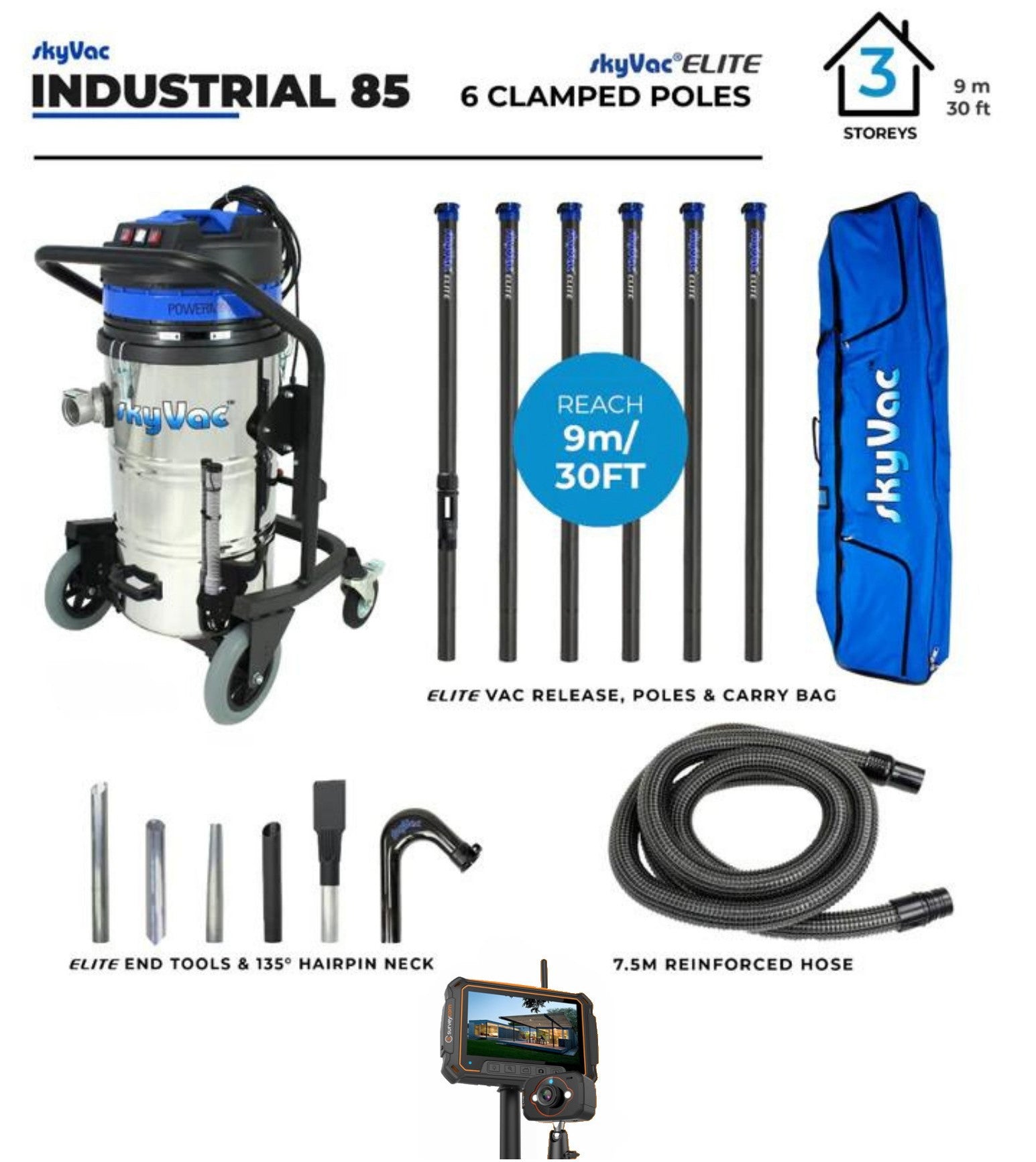 SkyVac 85 Elite Industrial Gutter Cleaning Vacuum System with 6 Carbon Fiber Poles and Survey Cam