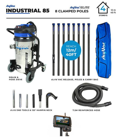 SkyVac 85 Elite Industrial Gutter Cleaning Vacuum System with Drain Hose and Sieve Basket, 8 Carbon Fiber Poles, and Survey Cam