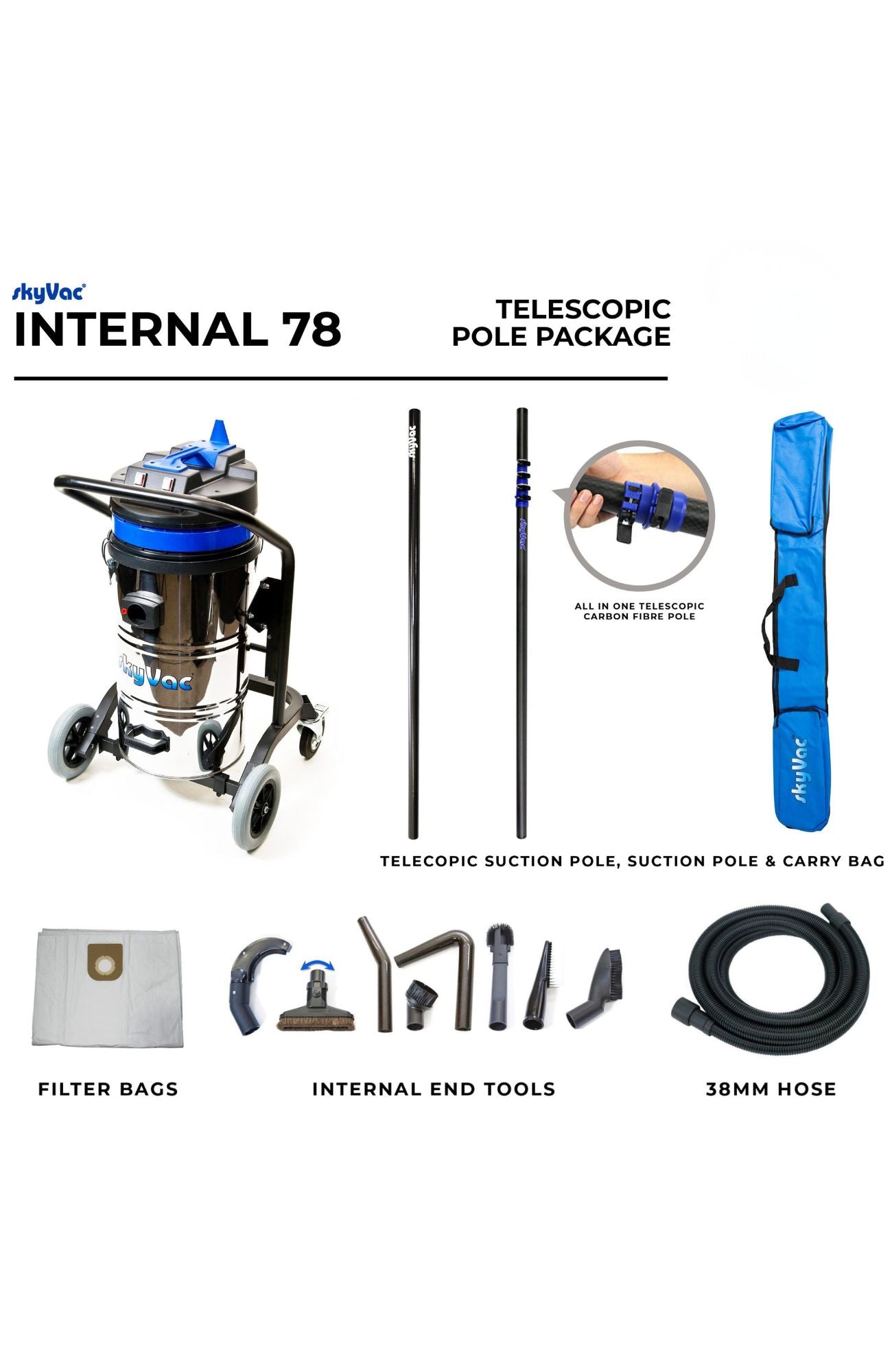 SkyVac®️ 78 Internal High Dusting Vacuum System with 30ft Telescopic Pole Package