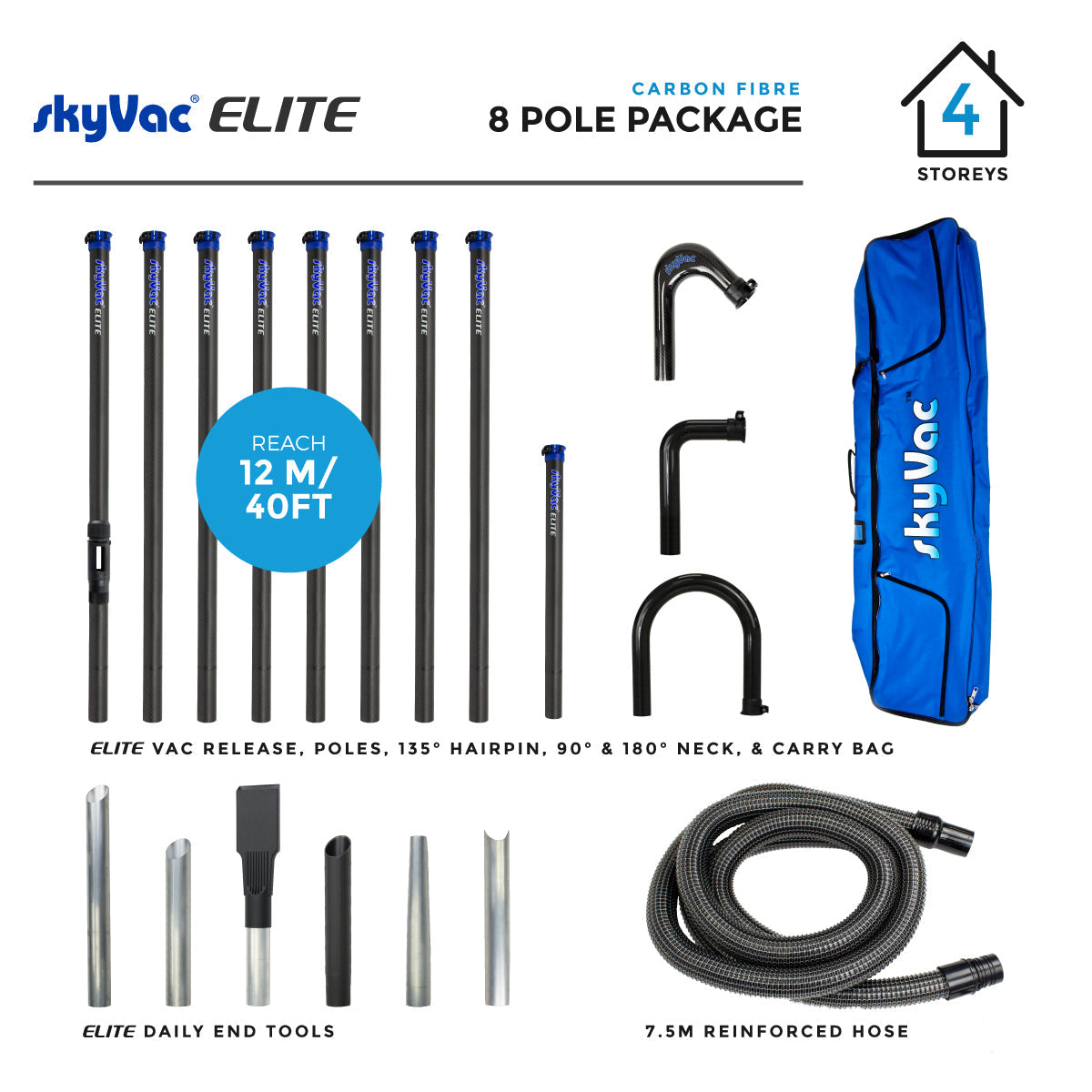 SkyVac® Elite Carbon Fiber Poles with Hose, Neck & End Tools (You Choose)