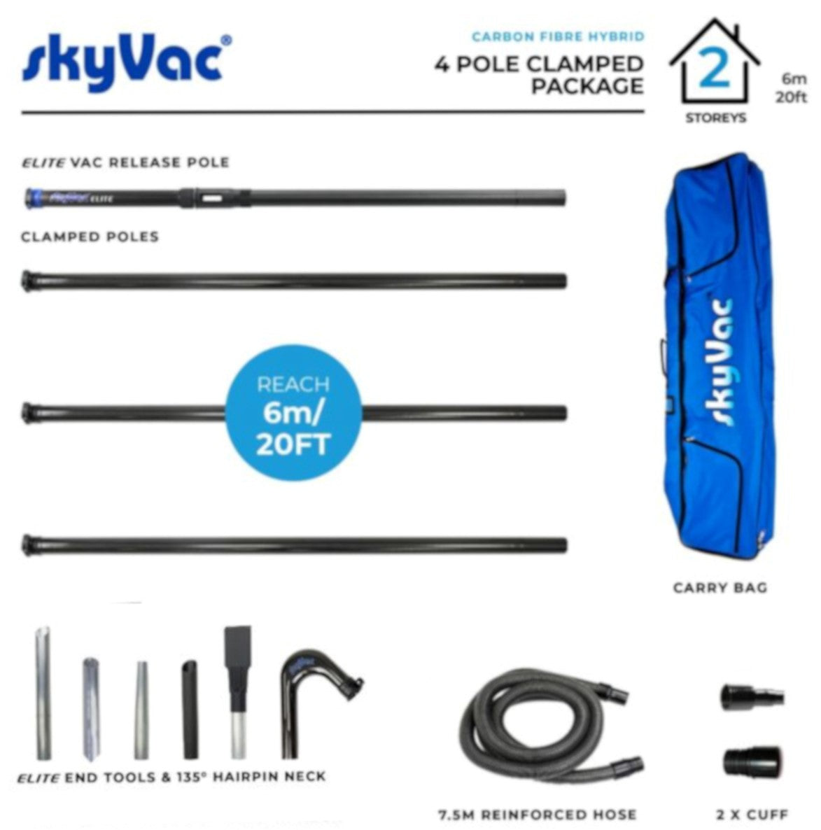 SkyVac®️ Hybrid Clamped Pole Set with Hose, Neck & End Tools (You Choose)